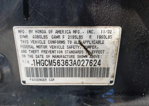 2003 Honda Accord 2.4 Lx z USA, uszkodzony, nr VIN 1HGCM56363A027624